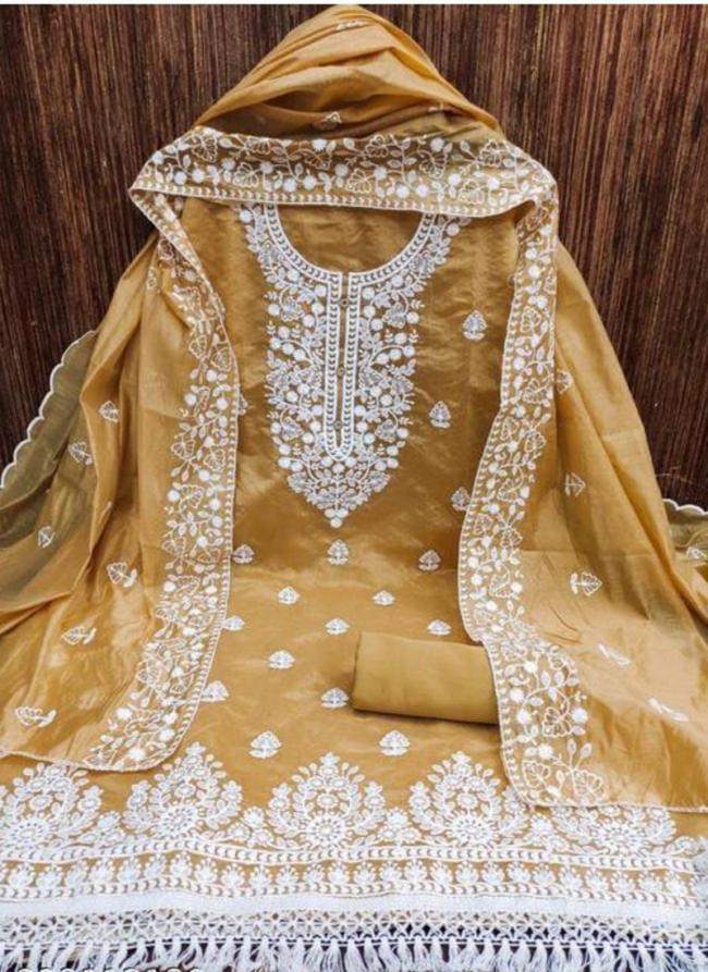 Chanderi Light Yellow Festival Wear Thread Work Dress Material